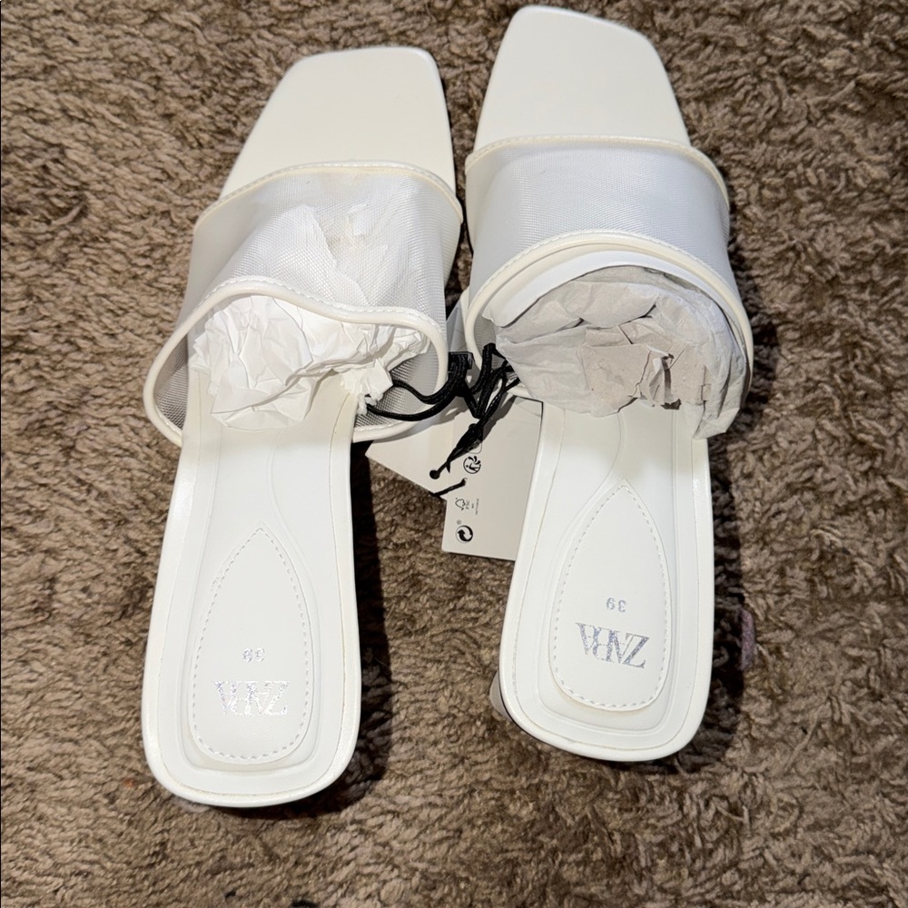 Zara NWT  White Square-Toe Slide Heels with Block Heel